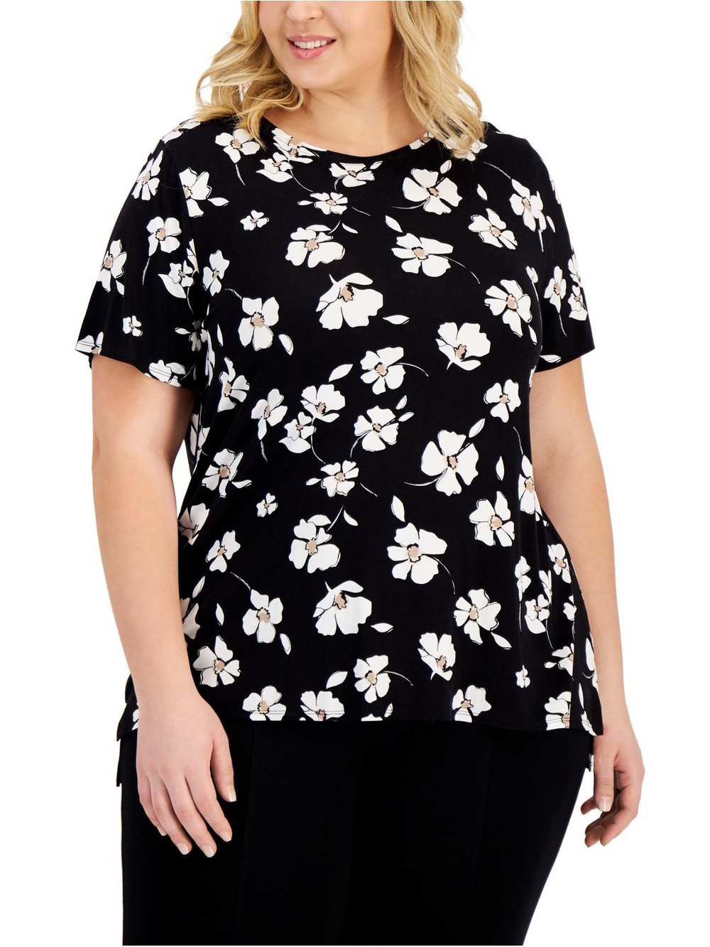 Alfani Black Short Sleeve Tee with White Floral Motif OX